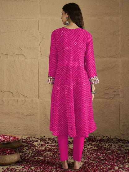 Pink Women Bandhani Printed Regular Kurta with Trousers