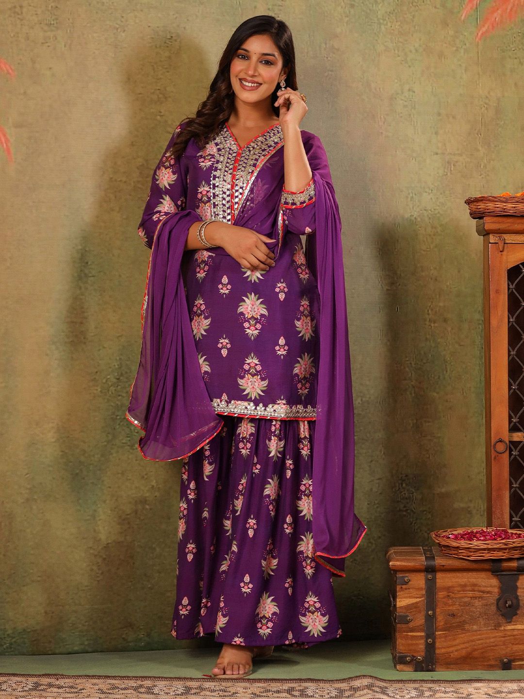 Dhiyona SC Women Embroidered Thread Work Chanderi Silk Kurta with Sharara & Dupatta