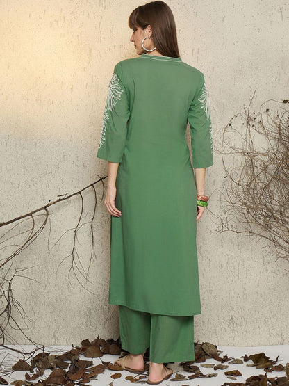 Dhiyona IE Women Embroidered Mandarin Collar Cotton Top and Trousers Co-Ords