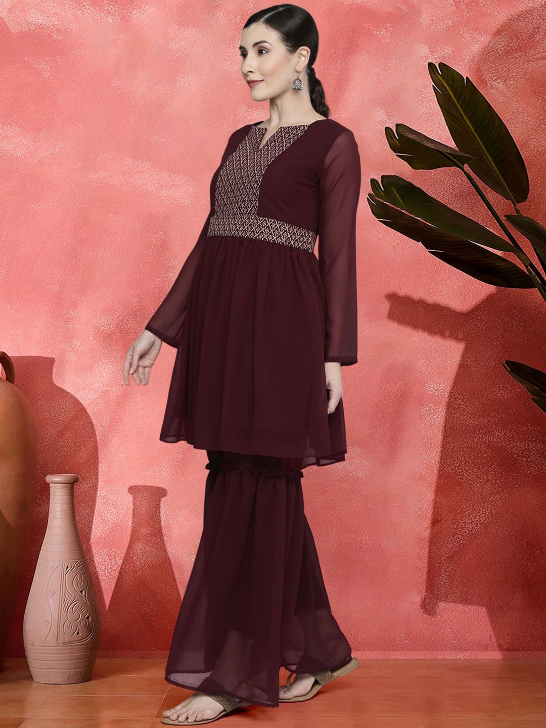Dhiyona SN Sangrias Floral Yoke Design Empire Silk Georgette A-Line Kurta With Sharara & Dupatta