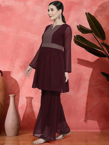 Dhiyona SN Sangrias Floral Yoke Design Empire Silk Georgette A-Line Kurta With Sharara & Dupatta