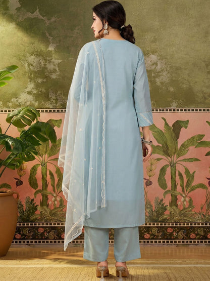 Women Ethnic Motifs Embroidered Regular Thread Work Chanderi Cotton Kurta with Trousers & With