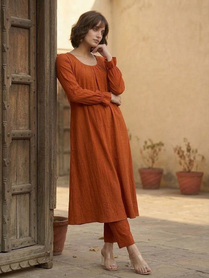 Rust Rust A Line Balloon Sleeve Kurta with Trouser
