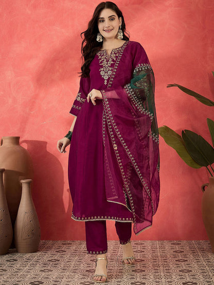 Women Floral Embroidered A-line Kurta with Trousers & Dupatta