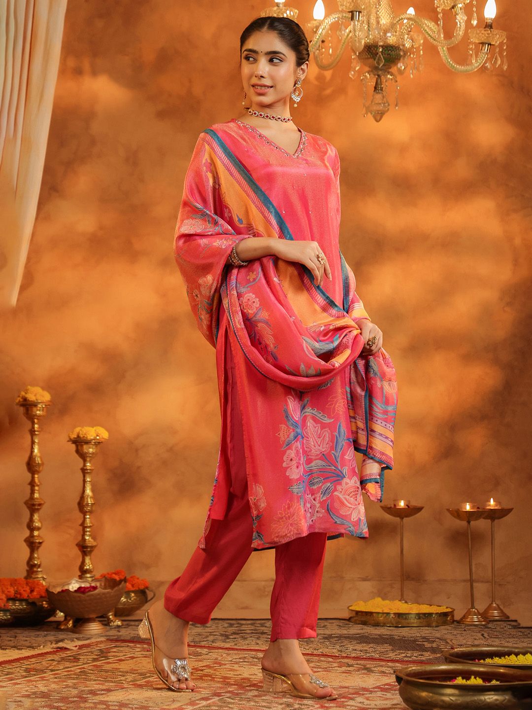 Dhiyona RR Women's Ethnic Motifs Printed Straight Sequinned Kurta with Trousers & With Dupatta
