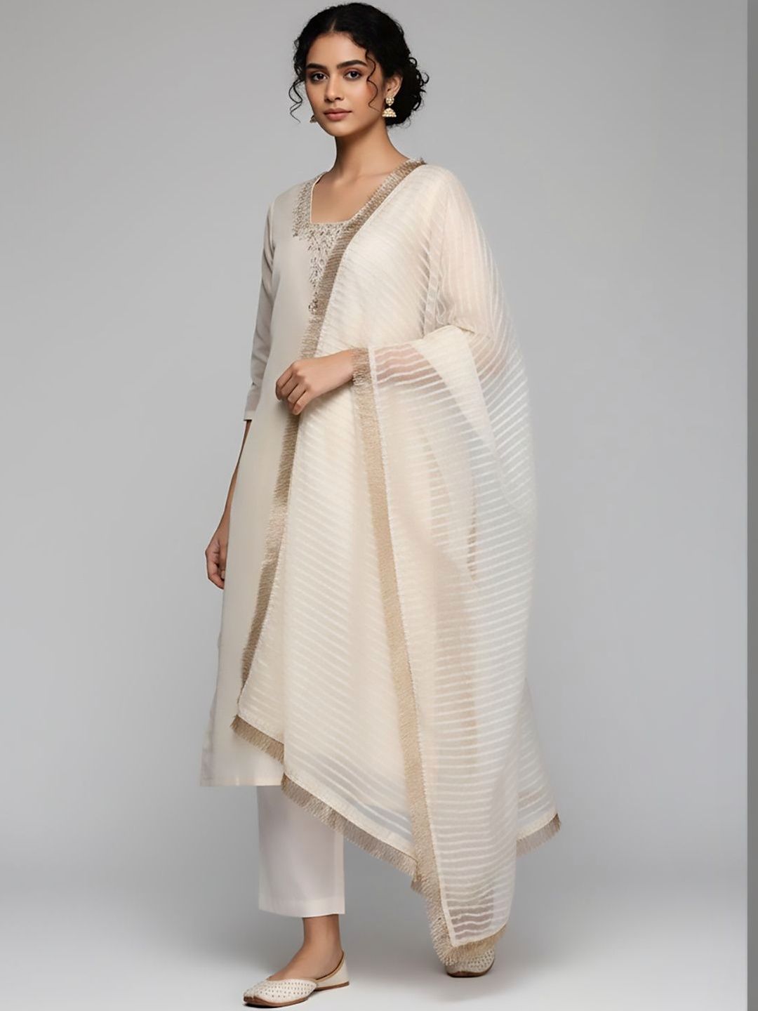 Off White Women Embroidered Regular Thread Work Kurta with Trousers & With Dupatta