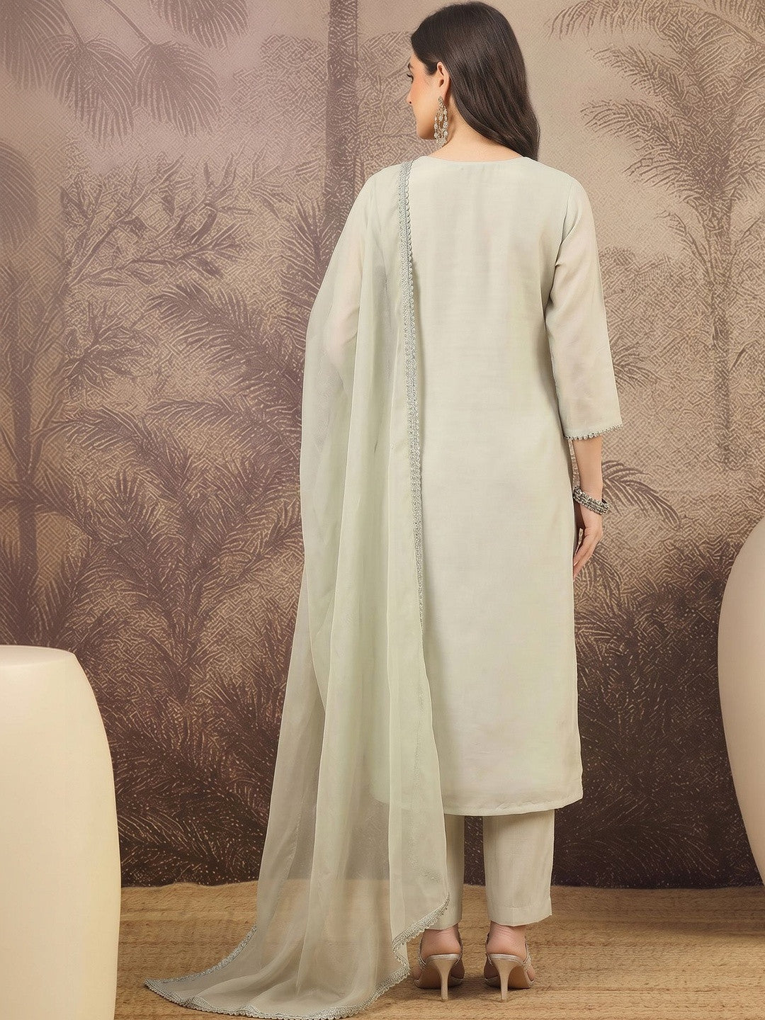 Embroidered Silk Blend Round Neck Kurta & Trousers With Dupatta
