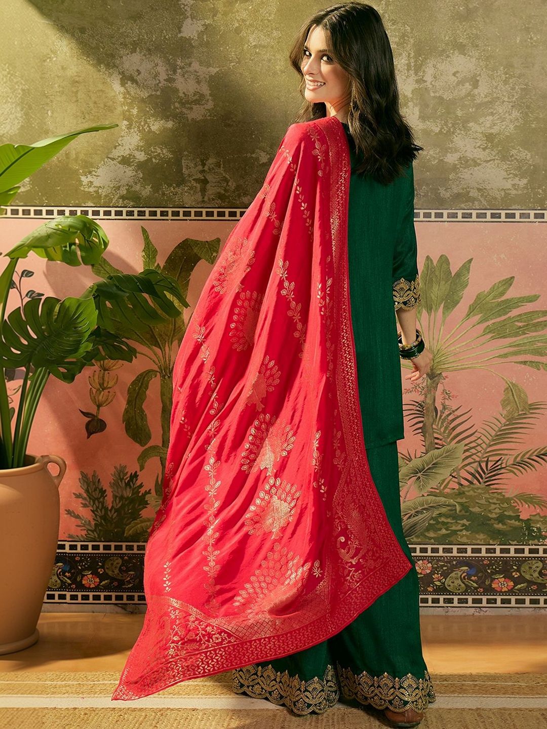 Dhiyona SN Embroidered A-Line Kurta With Palazzo & Dupatta