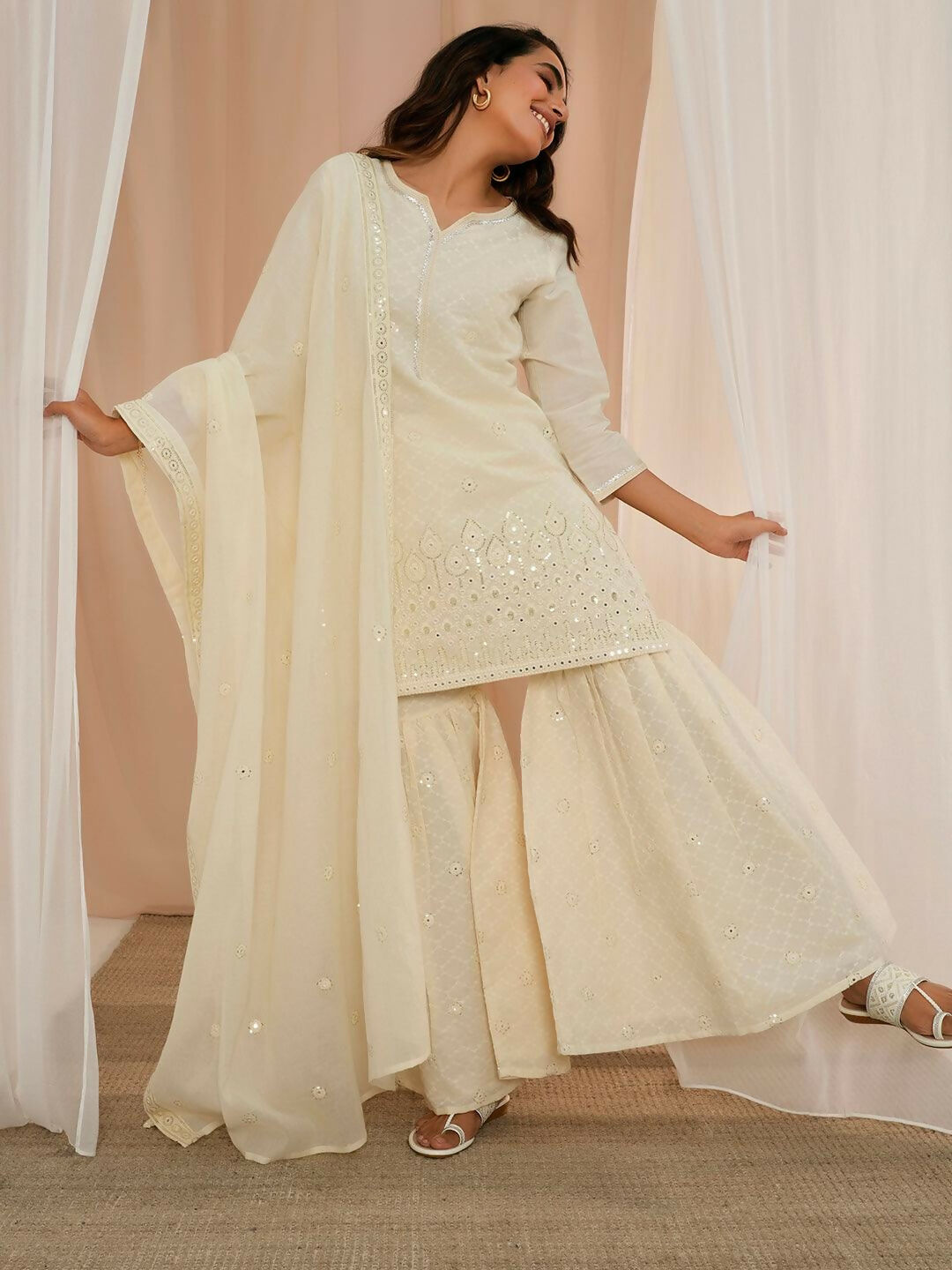 Women's LB Off White Embroidered Cotton Straight Suit With Dupatta