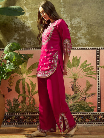 Embroidered Round Neck Kurta & Palazzos Kurta Set