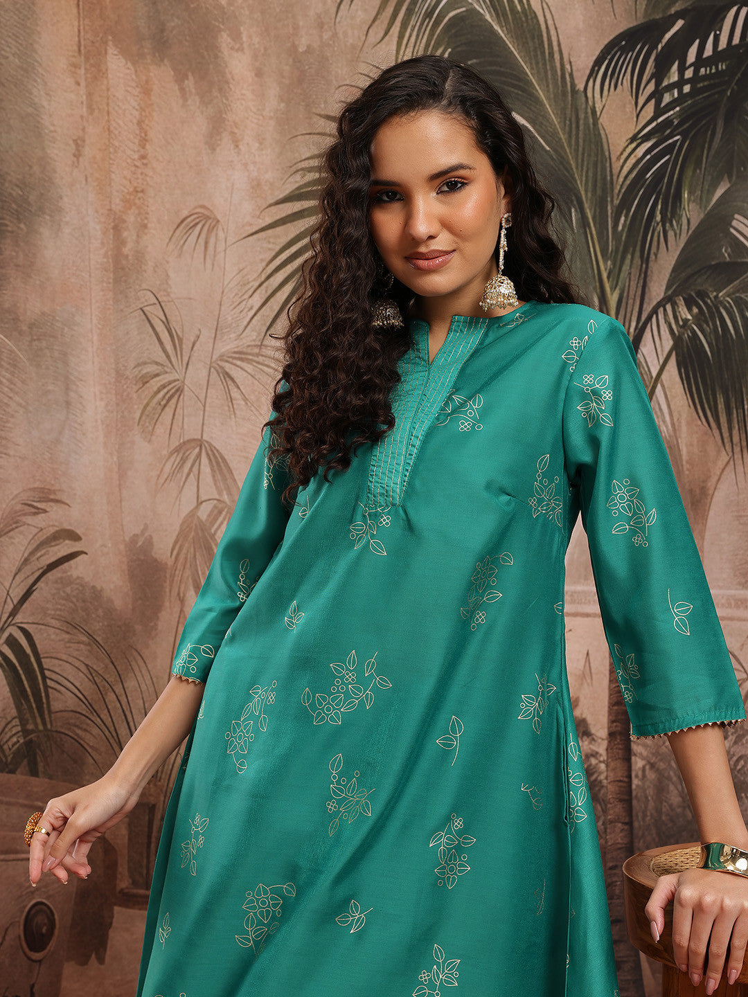 Floral Foil Printed A-Line Kurta with Trousers