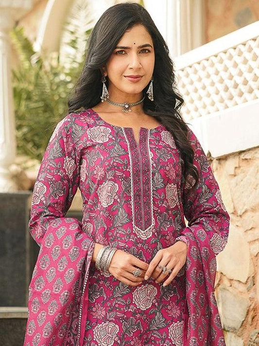 Dhiyona KL Floral Printed Regular Thread Work Straight Kurta With Trousers & Dupatta