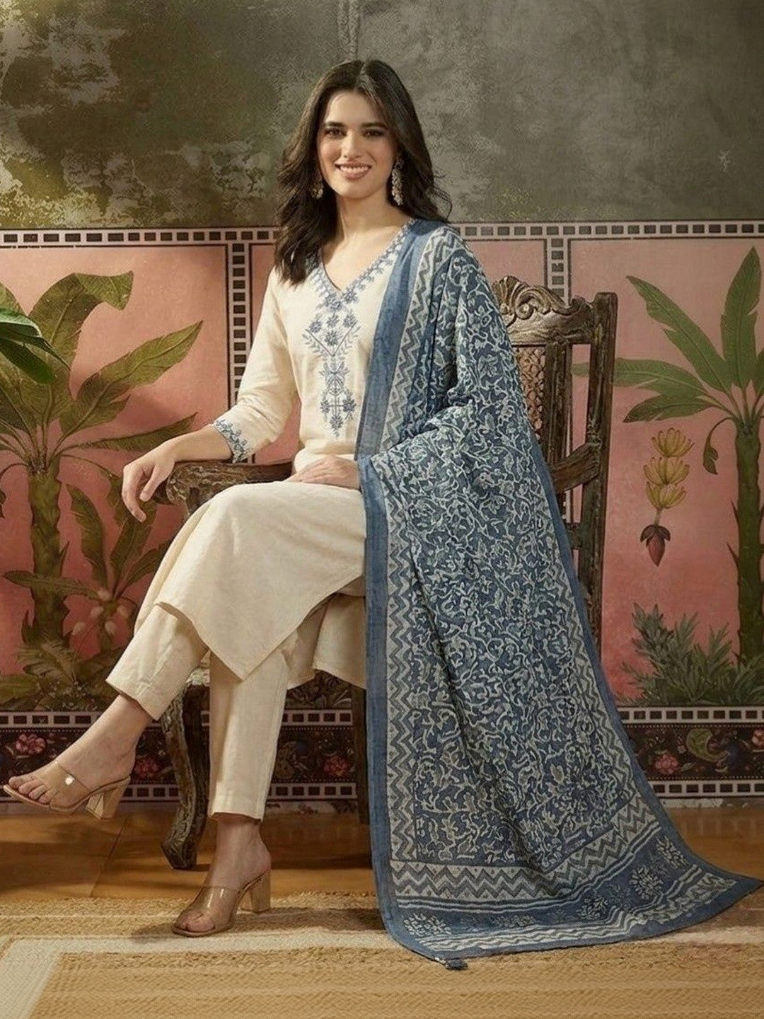 Embroidered Pure Cotton V-Neck Kurta & Trousers With Dupatta