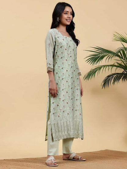 Women's LB Green Printed Chanderi Silk Pakistani Suit