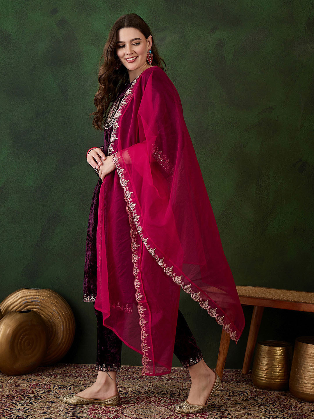 Floral Embroidered Sequinned Velvet Kurta with Trouser & Dupatta