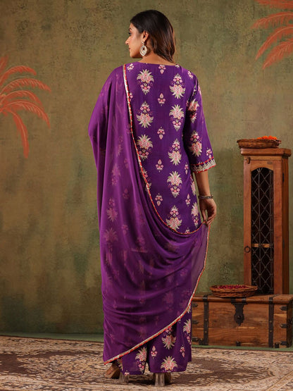 Dhiyona SC Women Embroidered Thread Work Chanderi Silk Kurta with Sharara & Dupatta