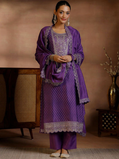 Women's LB Purple Printed Silk Blend Straight Suit With Dupatta