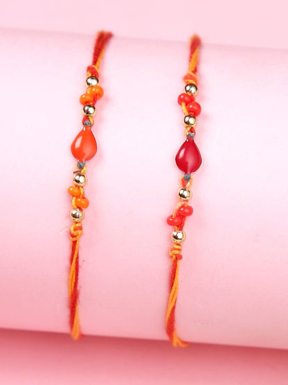 Dhiyona Orange Set Of 2 Beaded Thread Rakhis With Roli Chawal & Greeting Card