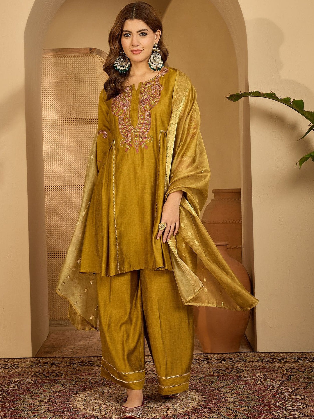 Women Olive Embroidered Kurta Sets With Dupatta