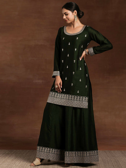 Women's LB Green Embroidered Silk Blend Straight Suit With Dupatta