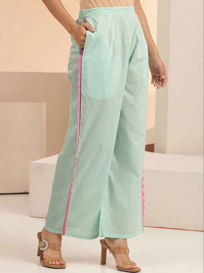 Ocean Blue Floral Embroidered Cotton A-Line Kurta Set