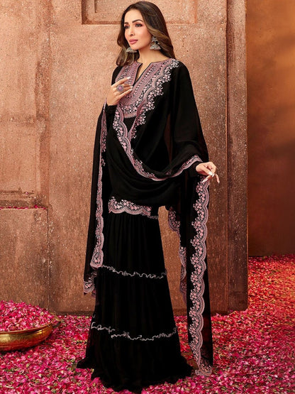 Dhiyona KL Women Ethnic Motifs Embroidered Regular Thread Work Kurta with Sharara & With Dupatta