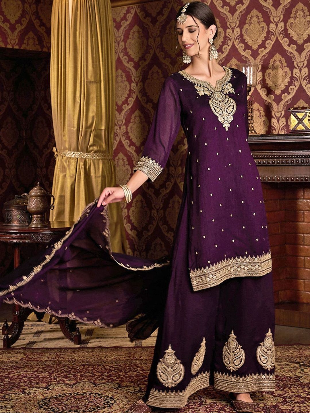 Dhiyona CH Women Ethnic Motifs Embroidered Regular Chinon Kurta with Palazzos & Dupatta