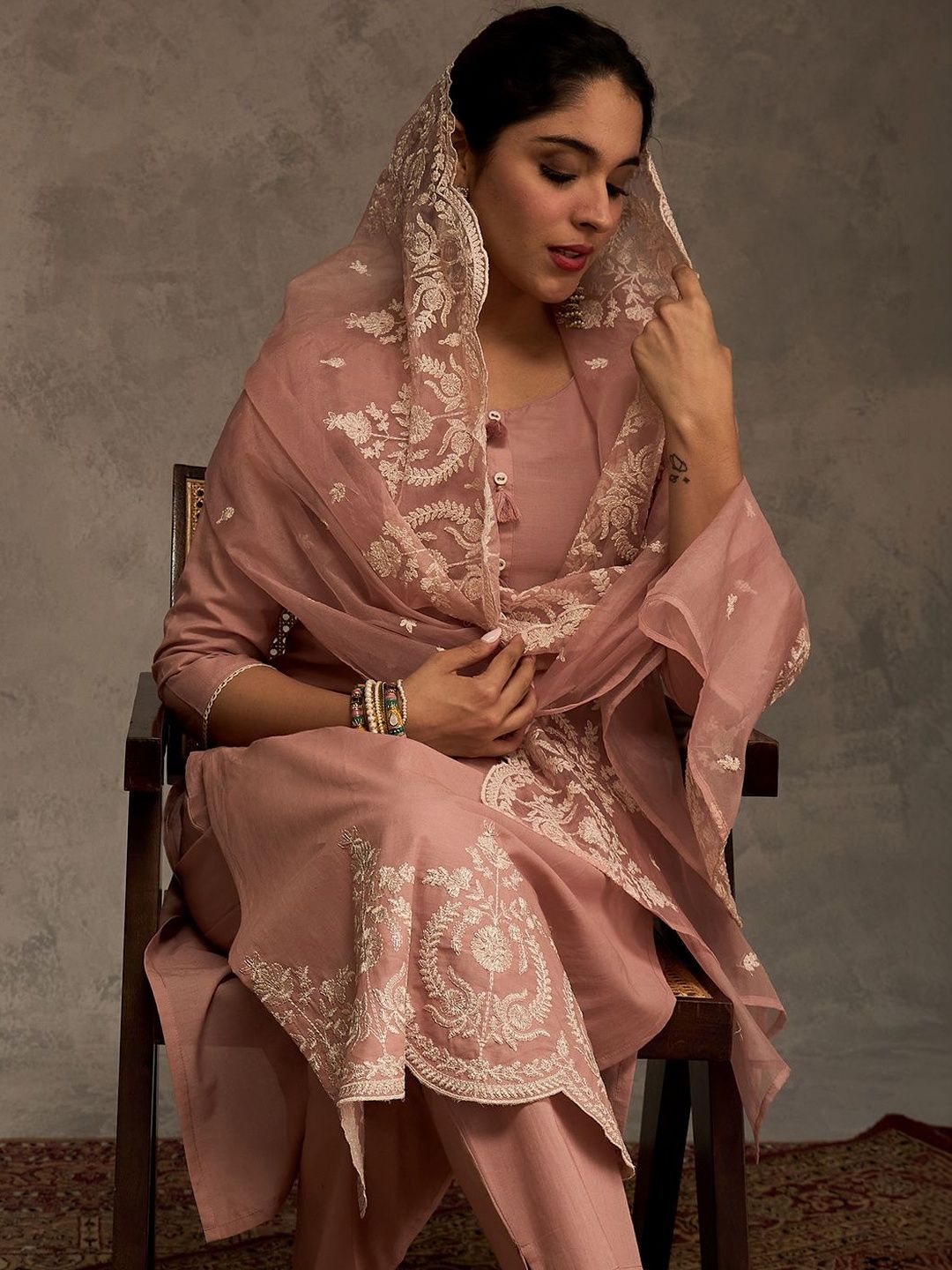 Women Ethnic Motifs Regular Thread Work Pure Cotton Kurta with Trousers & With Dupatta