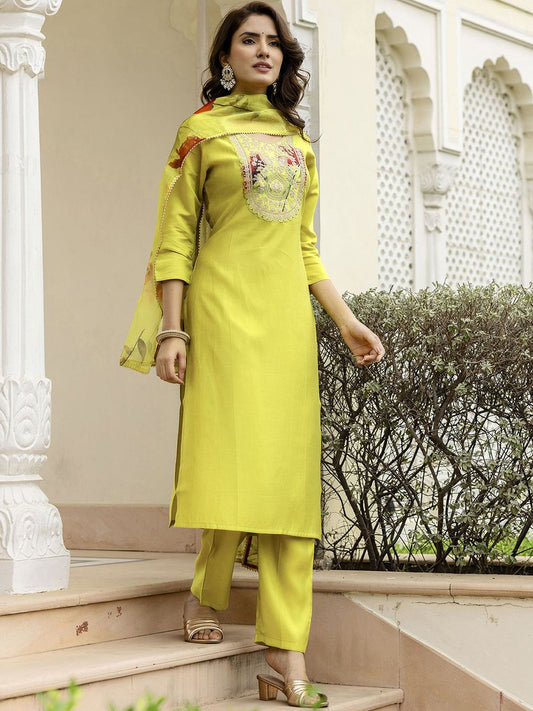 Dhiyona KL Women Yoke Design Regular Thread Work Kurta with Trousers & With Dupatta