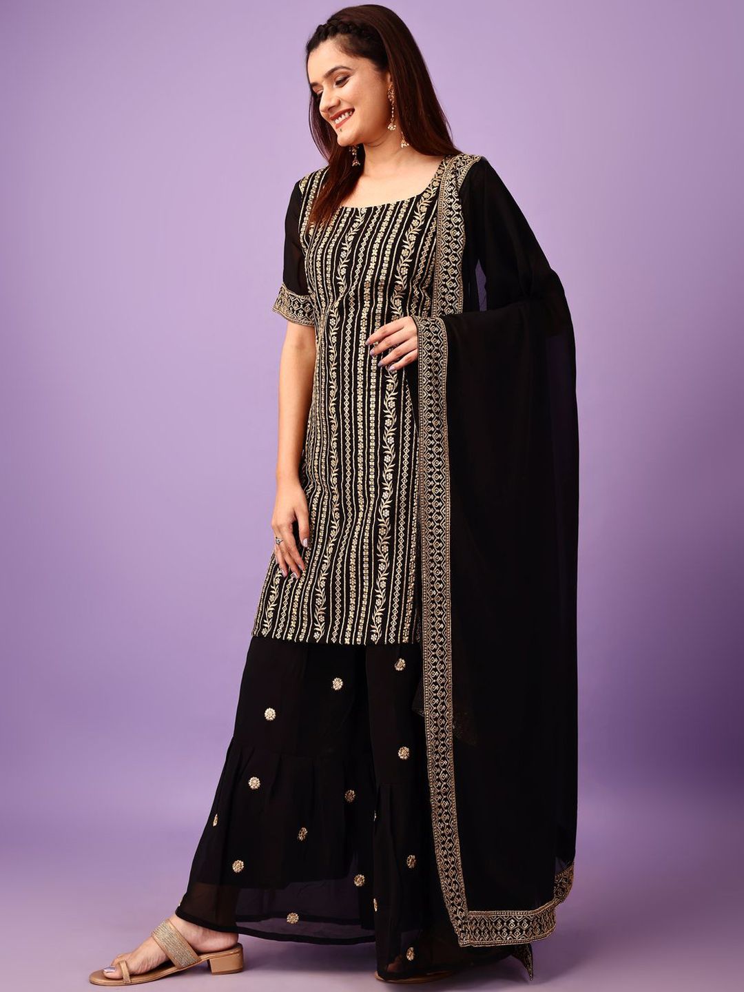 Dhiyona KL Floral Embroidered Regular Kurta With Sharara & Dupatta