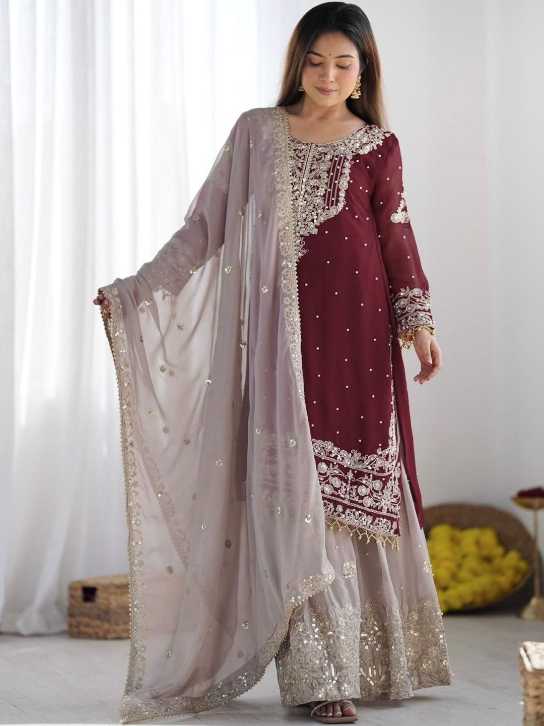 Dhiyona KL Women Ethnic Motifs Embroidered Regular Kurta with Sharara & With Dupatta