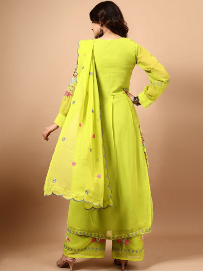 Dhiyona KL Floral Embroidered Notch Neck Georgette Straight Kurta with Palazzos & Dupatta