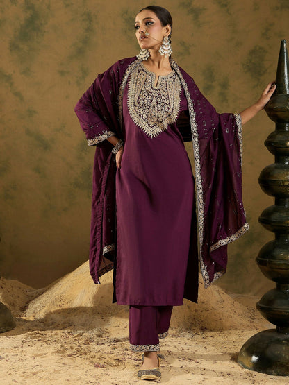 Women's Burgundy Embroidered Straight Kurta Trousers With Dupatta set