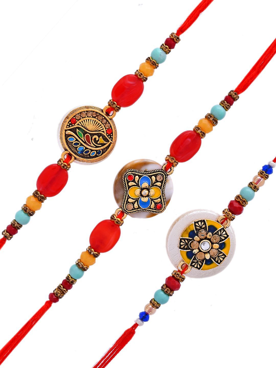 Dhiyona Set Of 3 Red Beaded Rakhi With Roli Rice & Greeting Card