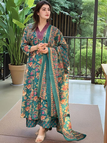 Dhiyona KL Women Green Rayon Blend Printed Anarkali Kurta Set With Dupatta