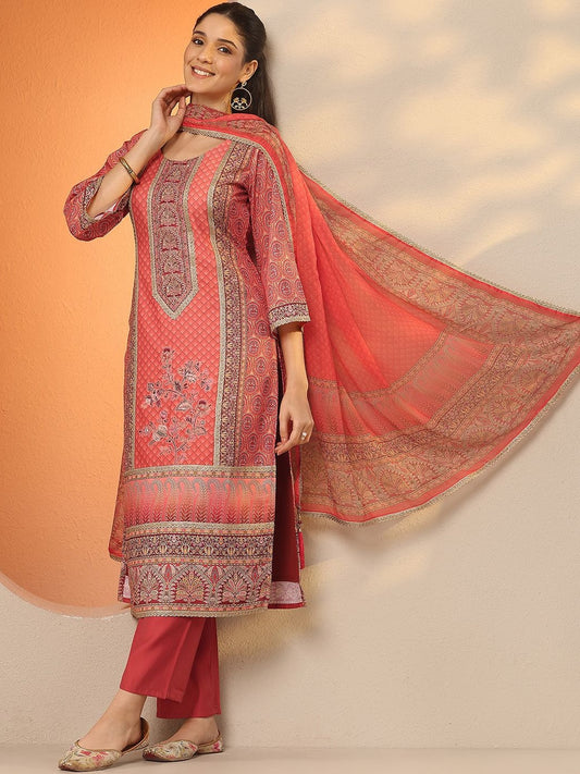 Ethnic Motifs Printed Round Neck Straight Kurta With Palazzos & Dupatta