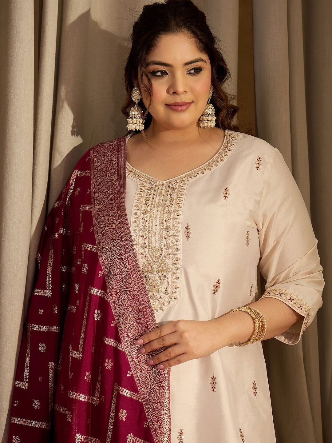 Plus Size Ethnic Embroidered Regular Kurta with Trousers & With Dupatta