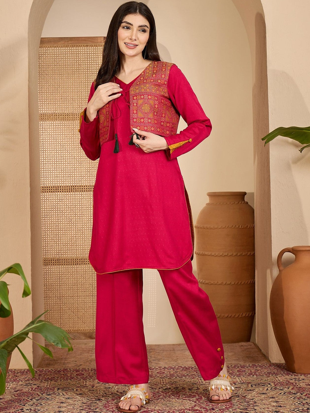 Dhiyona SN Winter Ethnic three-Piece kurta Set with Tassel-Tie Jacket