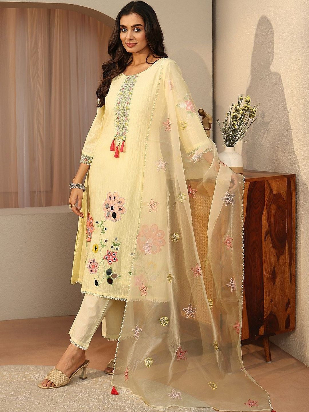 Off White Floral Embroidered Cotton A-line Suit Set