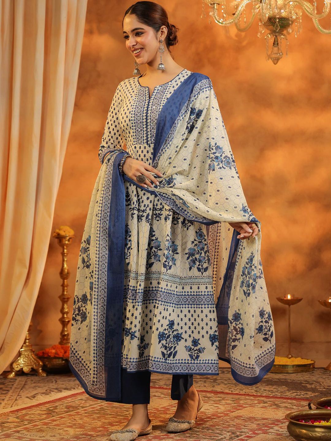 Dhiyona RR Women's Floral Printed Pure Cotton Kurta With Trousers & Dupatta
