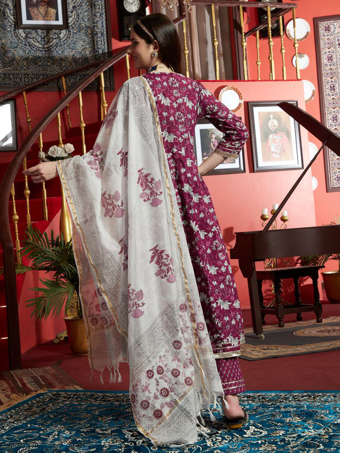 Floral Printed Round Neck Cotton A-Line Kurta With Trousers & Dupatta