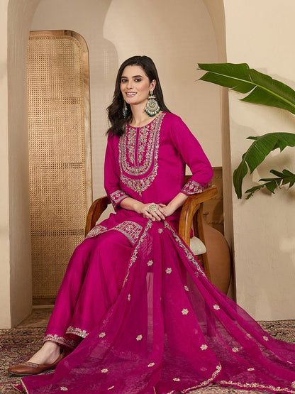 Dhiyona SN Embroidered Sequinned Vichitra Kurta With Palazzo And Dupatta