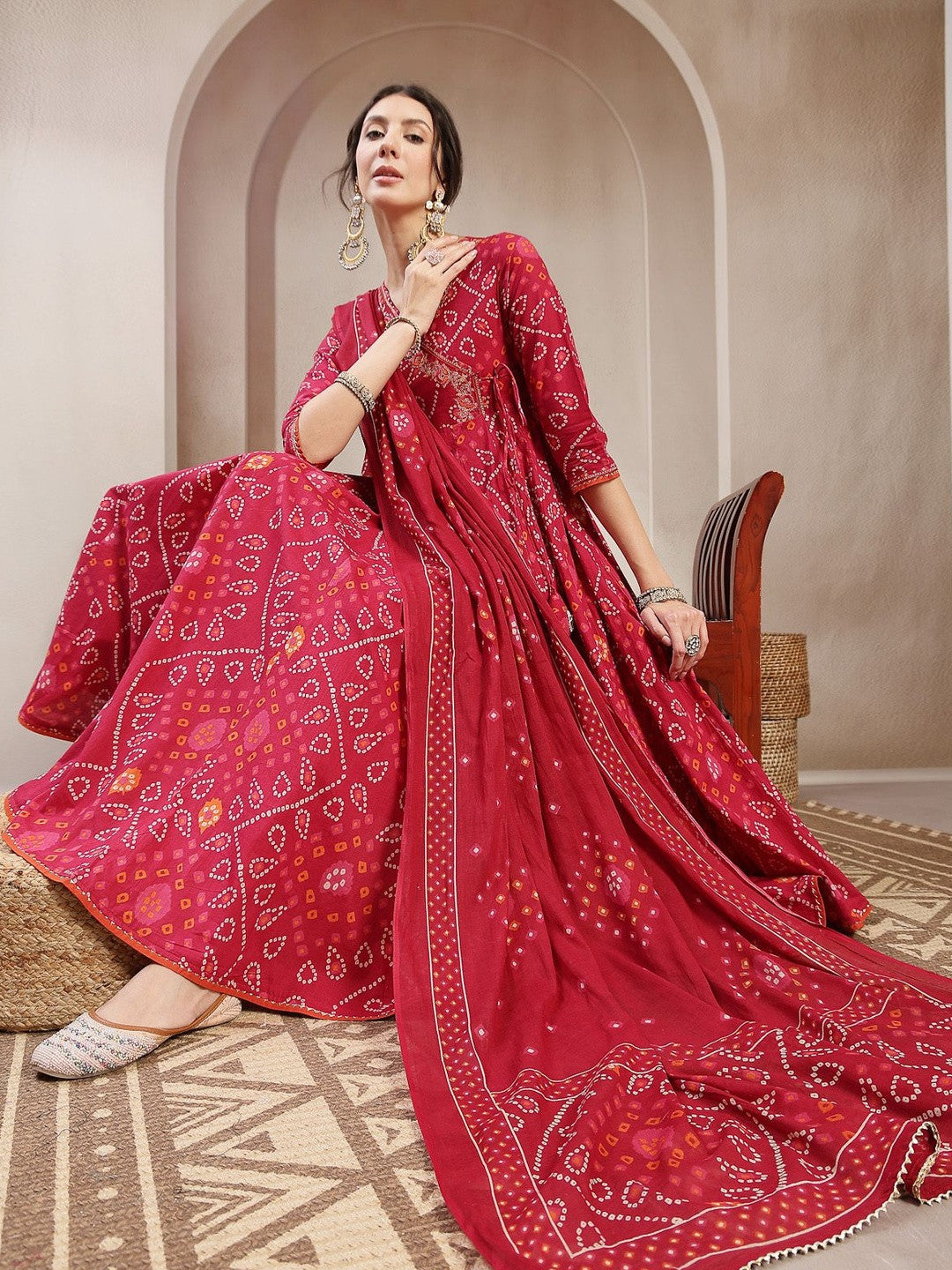 Printed Cotton V-Neck Kurta & Palazzos With Dupatta