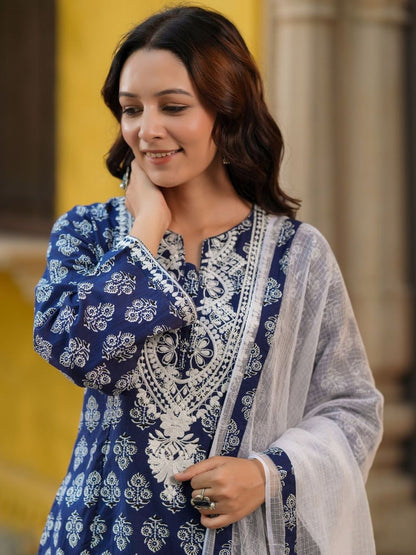 Dhiyona RR Women's Ethnic Motifs Printed Regular Thread Work Pure Cotton Kurta with Trousers & With Dupatta