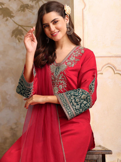 Dhiyona IN Floral Embroidered V Neck Sequinned Straight Kurta With Palazzos & Dupatta