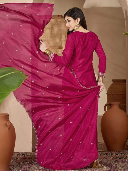Dhiyona SN Zari Sequence Thread Embroidered Straight Kurta With Palazzos & Dupatta