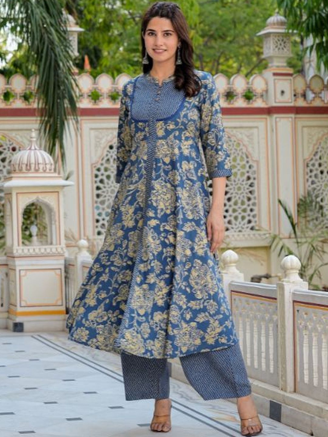 Dhiyona KL Floral Printed Band Collar Kurta with Palazzos & Dupatta