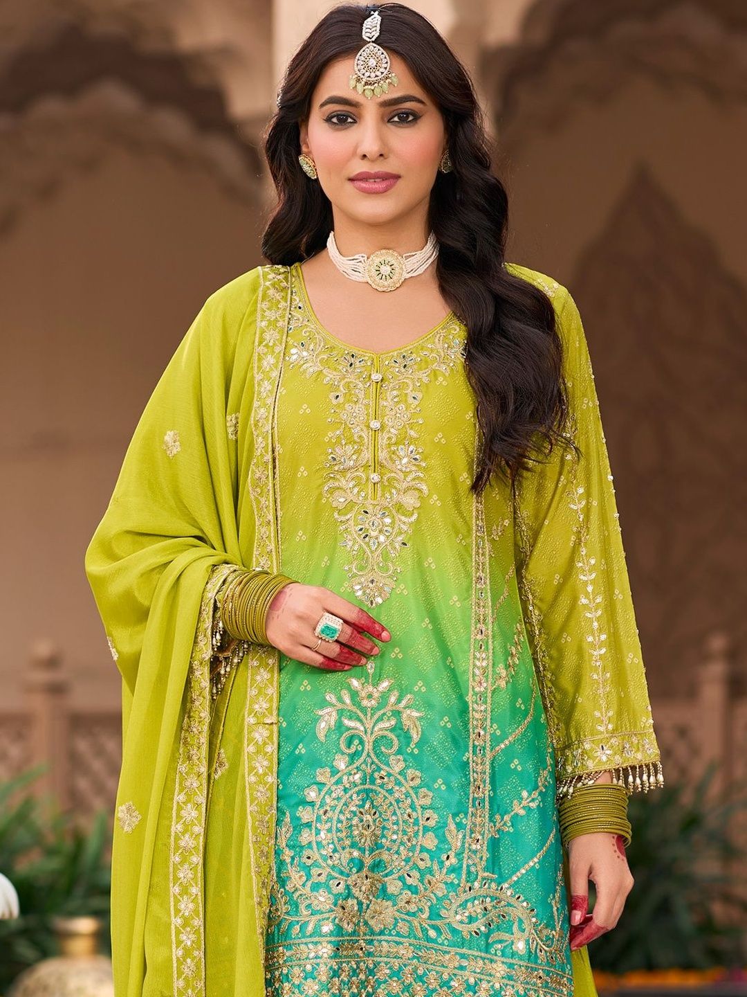 Dhiyona IE Women Ombre Embroidered Regular Kurta with Sharara & With Dupatta