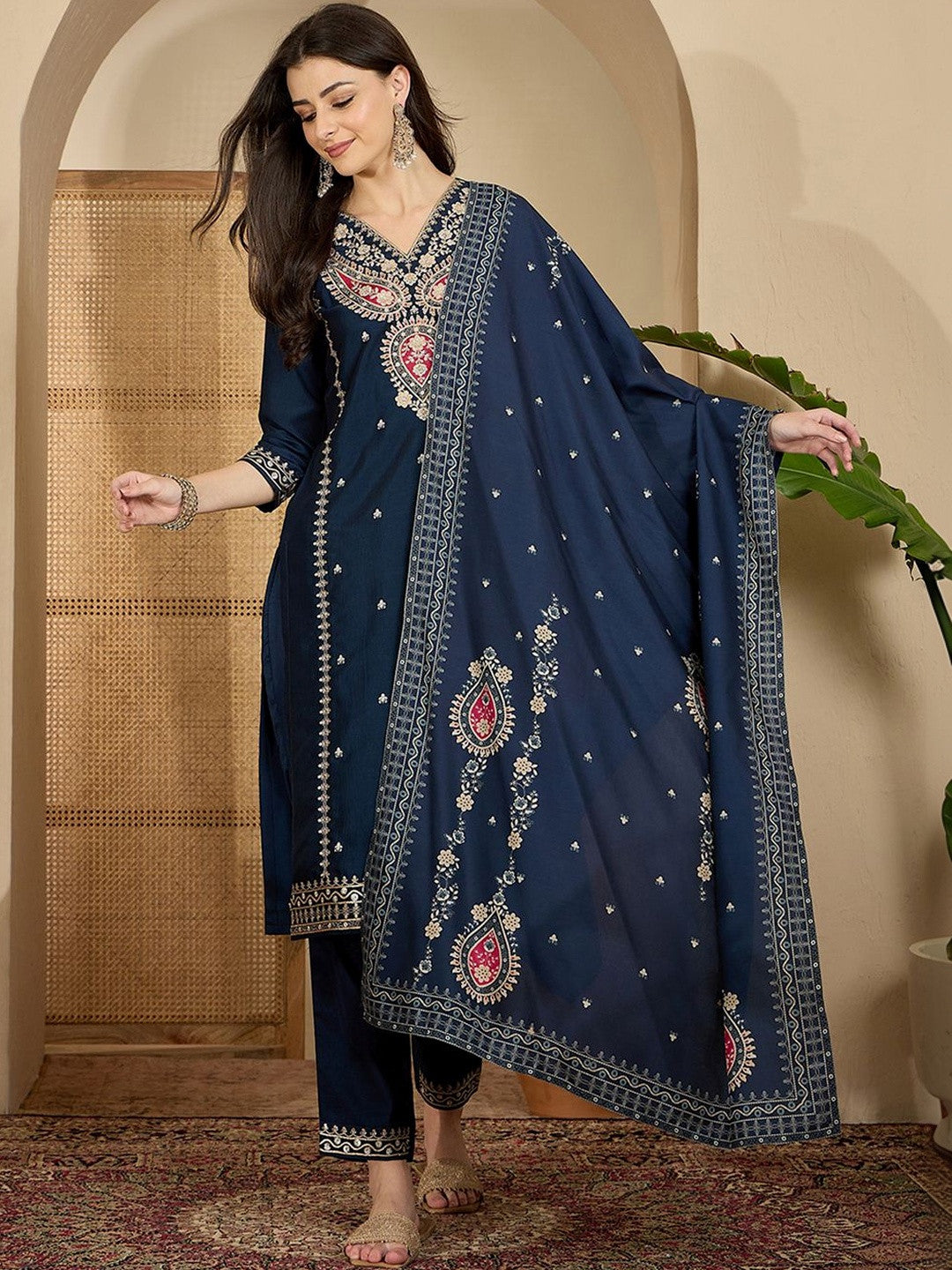 Embroidered V- Neck Straight Kurta & Trousers With Dupatta