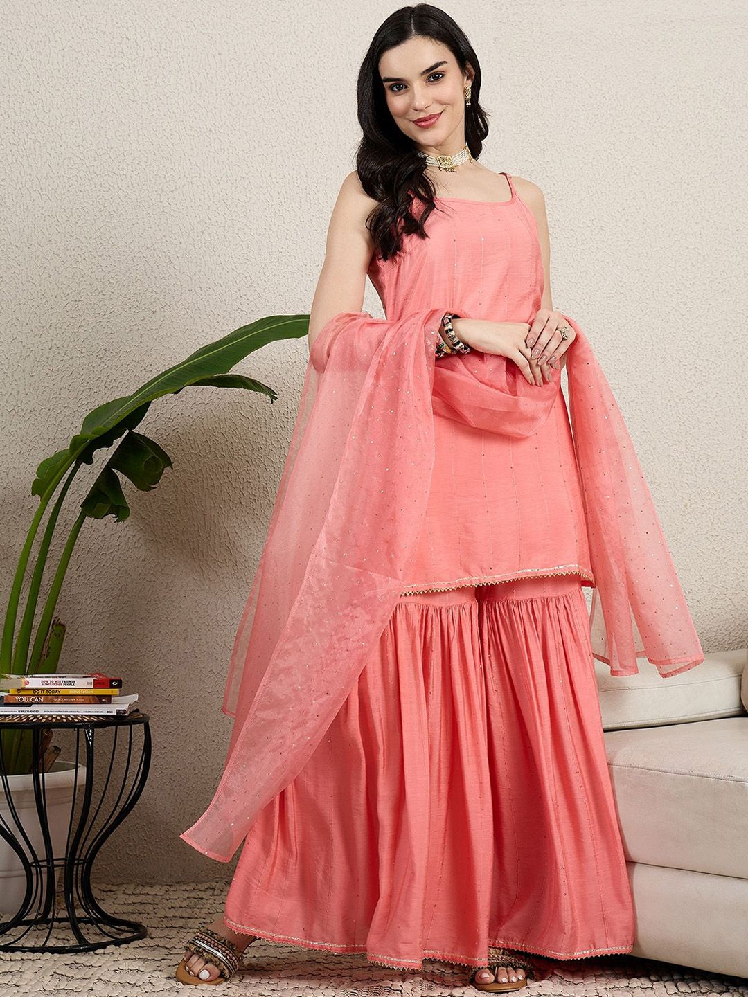 Dhiyona HOP Women Embroidered Sequin Work Kurti with Sharara & Dupatta